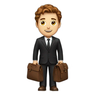 wite man in black suit with brown locks and work bag sticker