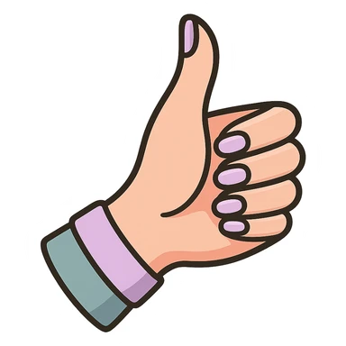 thumbs up, elegant female hand with manicure, slightly curved wrist, icon-color-outlined style, thin clean contours, graceful soft rounded shapes, pastel palette #98B5BC, #B5B3C1, #C9A3C9, #E4C0CA, #F7DCD1, #F7C0AA, detailed shadows and highlights, soft lighting, no background sticker