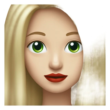 straight long curred hair, tomato red lipstick, blue-green bright eyes, white skin and a very small sharp nose sticker