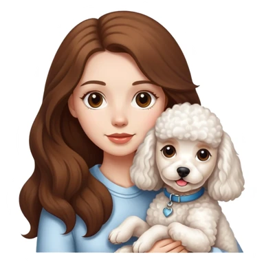 A white girl with long brown hair, she holds a cute white poddle dog sticker