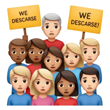 a crowd of people with unhappy faces and holding placards with the inscription: we disagree sticker