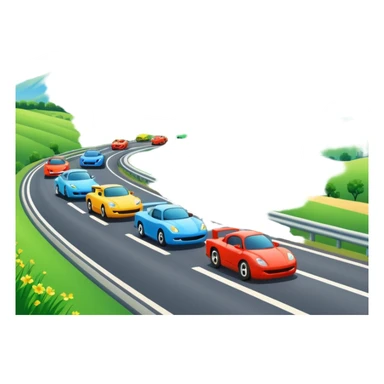 A busy highway with cute fast-moving racing cars, surrounded by green fields and distant mountains under a bright blue sky sticker
