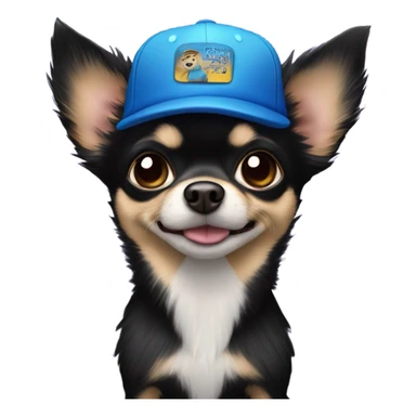 cute black long fur Chihuahua held by old blue eyes man with goatee and ball cap sticker