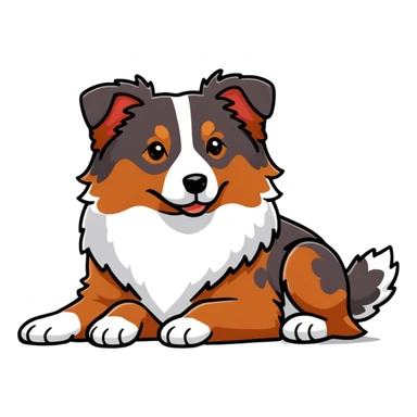 Red merle Australian Shepherd dog laying down, reddish-brown and white spotted coat, fluffy fur sticker