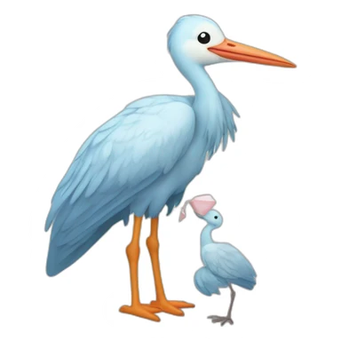 stork carrying a light blue bundle of cloth in its beak that has a human baby with dark hair and the baby face and head is peeking from the cloths bundle the strok is carrying with its beak sticker