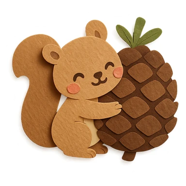 squirrel hugging a giant pine cone, forest kawaii illustration, paper-craft style sticker