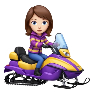 Woman, Brown hair, very blue eyes, wearing a Very red coat  on purple and yellow striped snowmobile sticker