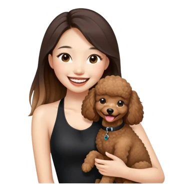 a asian girl with long straight balayage hair, long lashes, laughing, wearing black halterneck top, and holding a brown poodle sticker