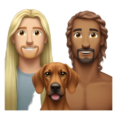 white male with long rainbow colored hair standing alongside a brown rhodesian ridgeback sticker