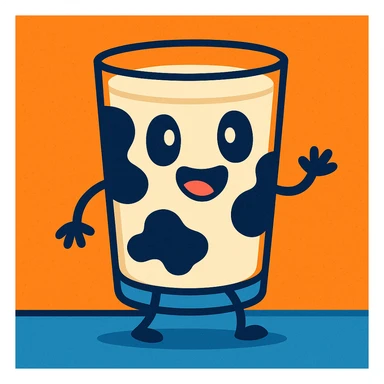 a glass of milk with cow spots, cartoon style sticker