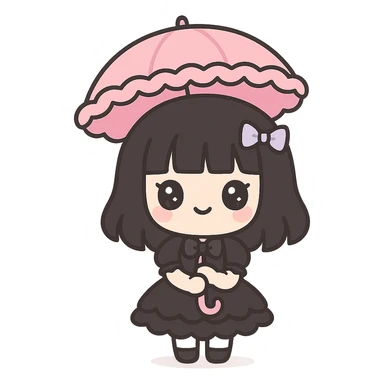 goth girl, pale skin, black hair, gothic lolita dress, umbrella, kawaii style sticker