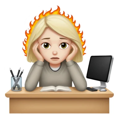 person with dark circles under eyes, slouched at desk, overwhelmed and burned out, iOS emoji style sticker