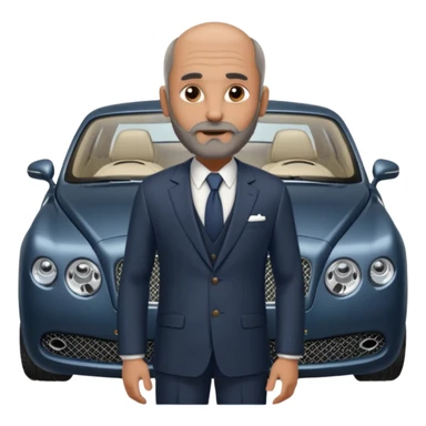 Slightly Balding with frencb beard graying indian guy in suit with a bentley names professor bw tlt sticker