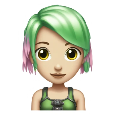light-skinned girl, 1girl, pink hair, short pink hair, steampunk, green eyes, green swimsuit, robotic left arm sticker