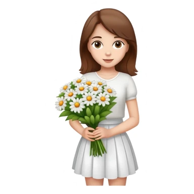 girl with brown hair wearing a white skirt holding a bouquet of flowers sticker