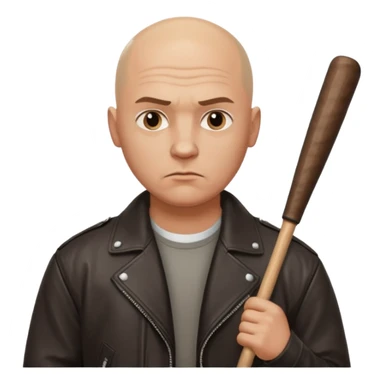Bald Russian 1990s gangster emoji, leather jacket, , serious face with a bat sticker