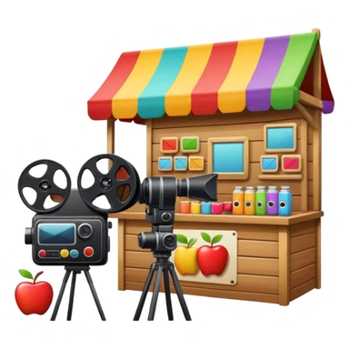 market stall with video camera and film reel, colorful and inviting, apple style emoji sticker