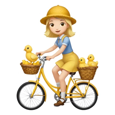 A cartoon girl riding a bicycle with a basket full of baby chicks, 1:1 square ratio. sticker