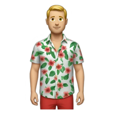 white man with a flower shirt with a red pant sticker