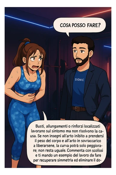 ispirati a questo stile di disegno e fai questa immagine in versione manga/webtoon a colori, il manga mostra la donna preoccupata che chiede: "COSA POSSO FARE?" E L'UOMO CHE RISPONDE: Busti, allungamenti o rinforzi localizzati lavorano sul sintomo ma non risolvono la causa. Se non insegni all’arto inibito a prendersi il peso del corpo e all’arto in sovraccarico a liberarsene, la curva potrà solo peggiorare; non resta uguale. Commenta con scoliosi e ti mando un esempio del lavoro da fare per recuperare simmetria ed eliminare il dolore. sticker