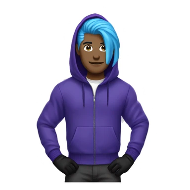 a man with blue hair, purple zipper hoodie, amarican, black pants, blue bike gloves, white skin, PURPLE ZIPPER HOODIE, BLUE HAIR, BLUE BIKE HALF THINGERD GLOVES sticker