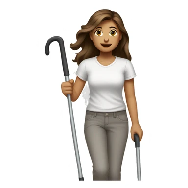 a girl in a white T-shirt and gray pants walks on crutches, she has brown hair and brown eyes sticker