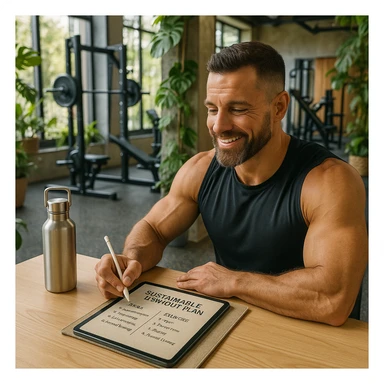 Hyperrealistic 4K image of a bodybuilding coach preparing a sustainable workout plan for his client in a modern, eco-friendly gym. Positive and motivational atmosphere. Details include reusable water bottle, notes on tablet or recycled paper, modern sustainable gym environment with plants and recycled materials. sticker