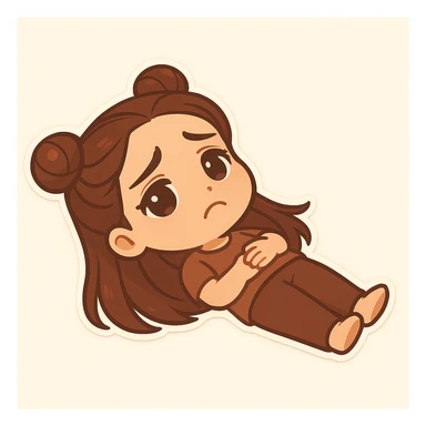 Create a chibi sticker of the girl lying on her back on the ground, looking sad with a 'not alone' vibe, featuring the double bun hairstyle as shown in the reference image. sticker