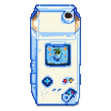 milk carton, retro video game look, white and blue sticker