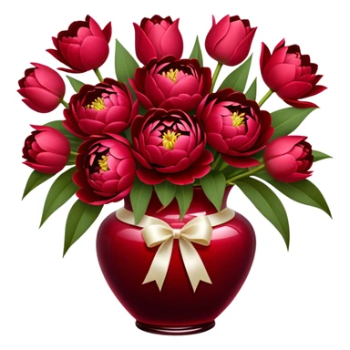 "An exquisite floral arrangement in a deep red glass vase, filled with velvety red peonies, classic roses, and striking tulips, accompanied by silky pearl-colored ribbons that drape gently over the surface." sticker