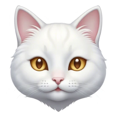 Cinematic Cute White Cat Portrait Emoji, Head tilted with a soft, gentle smile and sparkling eyes, featuring a silky, pristine white fur with subtle silver highlights, simplified yet irresistibly adorable, highly detailed, glowing with a warm, snowy glow, high shine, radiating affectionate charm and tender grace, styled with a light, playful outline, capturing the essence of a cute white cat that looks as if it could melt your heart with a single blink! sticker
