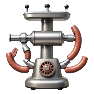sausage-processing droid. retro-futuristic style. top is a circular industrial meat grinder with rotating gears and blades. Two robotic arms feed material into grinder. Sausage links extrude from the rear like  factory. The body is metallic, compact, and floats above the ground.no legs. Dark humor sticker