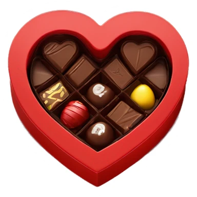 A heart shaped red chocolate box with a lid opened to reveal some chocolates inside sticker