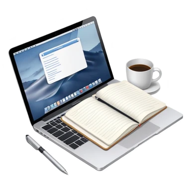 top view of a MacBook, open notebook with notes, and pen beside them sticker