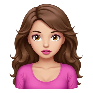 girl with long wavy brown hair, brown eyes, light to medium complexion, in a pink sexy top, pink puckered lips, long lashes, shrugging sticker