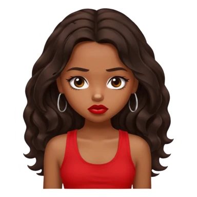 generate a pretty tan bratz girl with dark brown wavy hair long wearing a red tank top, red lipstick. Looking sad sticker