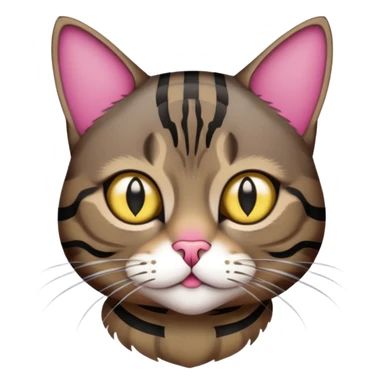 Dark brown tabby with gold eyes and black stripes with some dark pink on the nose sticker