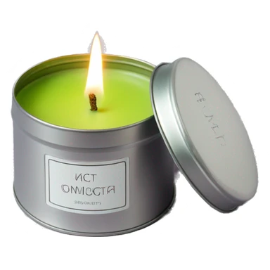 realistic lit matcha scented candle in a silver tin with a small white label that says ‘matcha’ sticker