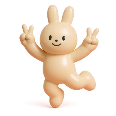 beige bunny jumping and making peace signs, vinyl figure style, smooth and shiny surface sticker