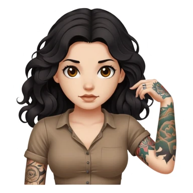 A girl with fair skin and a little fat - long black hair with big waves - tattoos on her upper arms - wearing a brown navel-revealing short-sleeved shirt sticker