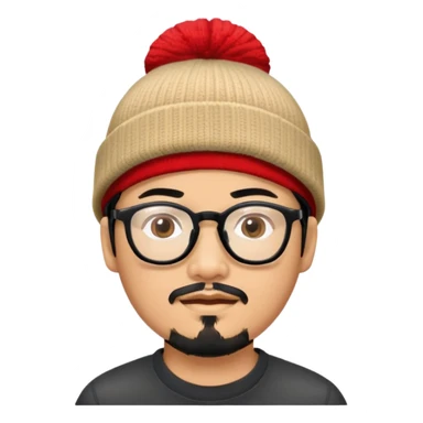 Asian man with black goatee, glasses, wearing a small red beanie sticker