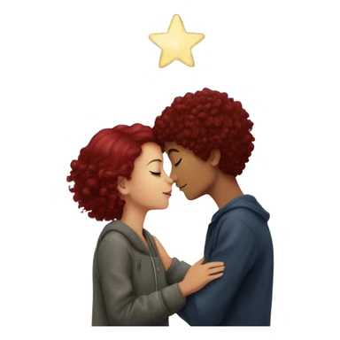 girl with burgundy hair kissing a boy with curly short hair under a sky of star sticker