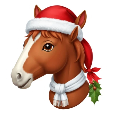 a fairy-tale funny winter horse in a red hat with a white scarf sticker