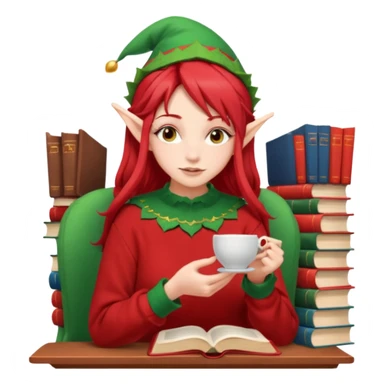 Red hair girl with elf ears sipping tea with a stack of books beside her . She’s wearing the red oversized sweater  sticker