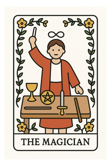 Simplified emoji of The Magician tarot card inspired by Rider Waite Smith, showing a magician with a wand, table with symbols, floral border, classic tarot card style, white background sticker