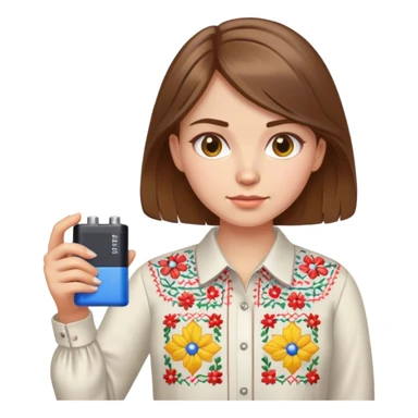 A Ukrainian girl with brown hair in an embroidered shirt holds a battery sticker