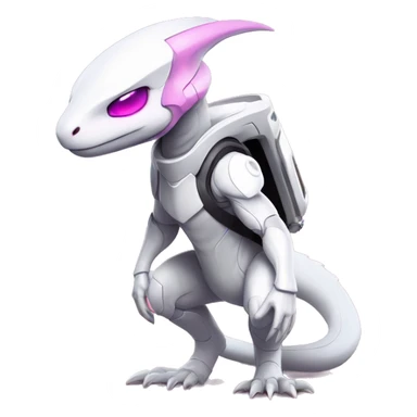 White Lizard-Reptile-Raptor-Alien-Genesect-Mewtwo-Fakémon, with pink eyes, with a futuristic visor-helmet, wearing a techwear-suit, Full Body sticker