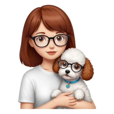Mahogany haired girl with bangs, white glasses and a white t-shirt hugging a toy poodle dog sticker
