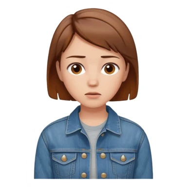 a woman with a brown short hair, looking at the left, worried, wearing a denim jacket, only upper body, high quality sticker