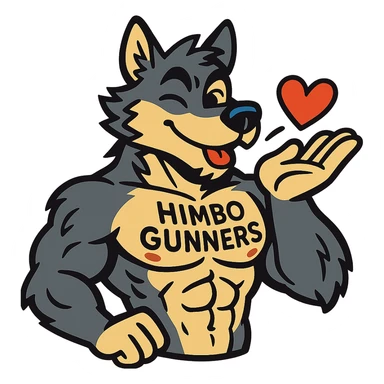 muscular wolf furry, shirtless, with 'Himbo Gunners' tattooed on his chest, blowing a kiss and winking, confident and fun, detailed fur and anatomy, ultra high quality sticker